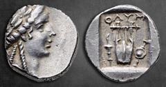 Greek Lycia. Lycian League. Olympos circa 167-81 BC. Drachm AR 14 mm, 2,52 g Laureate head of Apollo right, with bow and quiver over shoulder / ΟΛΥΜΠ, kithara, torch to left, shield and sword to right