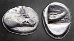 Greek Lycia. Phaselis circa 500-440 BC. Tetrobol AR 15 mm, 3,44 g Prow of galley to right; uncertain control below / Stern of galley to right; ΦΑΣ above. Nearly Very Fine SNG von Aulock 4395; Cf. Heip
