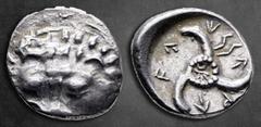 Greek Dynasts of Lycia. Limyra. Perikles 380-360 BC. Tetrobol AR 17 mm, 3,02 g Facing scalp of lion / Triskeles within incuse circle. Very Fine Müseler VIII.47-51; SNG von Aulock 4254-5. Perikles, a t