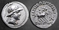Greek Bactria. Greco-Baktrian Kingdom. Eukratides I Megas 170-145 BC. Drachm AR 20 mm, 4,28 g Diademed, draped and cuirassed bust of Eukratides I r., wearing crested helmet adorned with bull's horn an