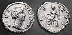 Roman Imperial Diva Faustina I after AD 140-141. Rome Denarius AR 18 mm, 3,36 g DIVA-FAVSTINA, draped bust of Diva Faustina right, seen from front, hair elaborately waved in several loops around head 