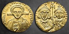 Byzantine Justinian II, 2nd reign AD 705-711. Constantinople Solidus AV 19 mm, 4,49 g d N IhS ChS REX REGNANTIVM, bust of Christ holding a codex before a cross. Rev.: D (= retr.) N IVSTINIAN-VS ET TIb