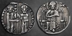 Middle age Italy. Venice. Giovanni Dandolo AD 1280-1289. Grosso AR 20 mm, 1,96 g • IO • DANDVL' • DVX • S • M • VENETI •, Doge and S. Marco standing facing, holding banner between them / Christ seated