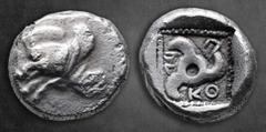 Greek Dynasts of Lycia. Uncertain mint. Kuprilli 470-435 BC. 1/3 Stater AR 13 mm, 2,93 g Forepart of winged boar left / Triskeles; KO-Π-PΛ (partially retrograde) around; all in dotted square within in