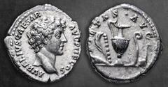 Roman Imperial Marcus Aurelius, as Caesar AD 139-161. Rome Denarius AR 19 mm, 3,35 g AVRELIVS CAESAR AVG PII F COS, bare head right / PIETAS AVG, knife, sprinkler, ewer, lituus and simpulum. Very Fine