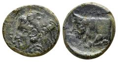 SICILY, Agyrion. Circa 420-405 BC. Æ Tetras. Head of Herakles left, wearing lion skin. / Forepart of bull charging left. Campana 5, var. A/a; CNS 10; HGC 2, 60. 16 mm, 3,63 g Good very fine.