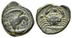SICILY, Akragas. Circa 425/0-410/06 BC. Æ Tetras. Eagle standing right on hare. / Crab; below, three pellets (mark of value) and crawfish left. CNS 54; HGC 2, 140. 23 mm, 9,38 g Very fine.