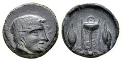 SICILY, Leontini. Circa 405-402 BC. Æ Tetras. Laureate head of Apollo right; leaf to left. / Tripod; barley grains flanking, three pellets (mark of value) in exergue. Boehringer, Frühen, Series B; CNS