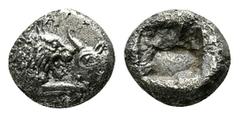 KINGS of LYDIA. Kroisos. Circa 564-539 BC. AR 1/12 Stater. Confronted foreparts of lion and bull. / Rough incuse square. Berk 26-7; SNG Kayhan 1020-1; Traité I 413 = BMC 53. 8 mm, 0,77 g Good very fin