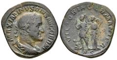 Maximinus Thrax. AD 235-238. Æ Sestertius. MAXIMINVS PIVS AVG GERM. Laureate, draped, and cuirassed bust right. / VICTORIA GERMANICA. Victory standing left, holding wreath and palm frond; at feet to l