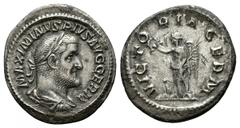 Maximinus Thrax. AD 235-238. AR Denarius. MAXIMINVS PIVS AVG GERM. Laureate, draped and cuirassed bust right. / VICTORIA GERM. Victory standing facing, head left, holding palm branch and wreath, capti
