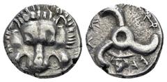 Dynast of Lycia. Perikles. Circa 380-360 BC. AR 1/3 Stater. Facing lion's scalp. / Triskeles; Head of Hermes in lower field; Legend around. SNG Copenhagen -; SNG v. Aulock - 16 mm, 2,86 g good very fi