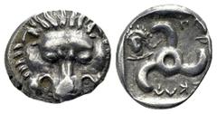 Dynast of Lycia. Perikles. Circa 380-360 BC. AR 1/3 Stater. Facing lion's scalp. / Triskeles; Head of Hermes in lower field; Legend around. SNG Copenhagen -; SNG v. Aulock -. 15 mm, 3,06 g good very f