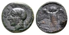 Sicily, Kamarina. Circa 410-405 BC. Æ Tetras. Head of Athena left, wearing crested Corinthian helmet decorated with a wing; olive spray before / Owl standing left with open wings, grasping lizard; thr