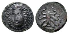 Sicily, Syracuse. Dionysios I. 405-367 BC. Æ Tetras. Head of nymph facing slightly left, wearing necklace / Octopus. CNS 29; SNG ANS 385-8. 13 mm, 1,76 g good very fine, ligtly tooled