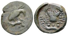 Sicily, Akragas. Circa 425/0-410/06 BC. Æ Tetras. Eagle standing right on, and tearing at, hare / Crab; below, three pellets (mark of value) above fish. CNS 53; HGC 2, 140. 22 mm, 7,02 g good very fin