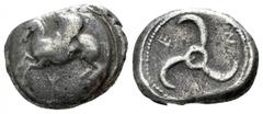 Lycia, Khinakha Dynast . Circa 460-440 BC. AR Stater. Pegasos flying left on round shield, monogram below / Triskeles with large annulet at the center; between the arms, E and N and monogram. Babelon,