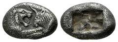 Lydia, Sardes. Third Stater. Kroisos, circa 564/53-550/39 BC. AR 12mm., 3,38g. Confronted foreparts of lion and bull / Two incuse squares. Berk 24; Traité I 412; SNG Kayhan –; SNG von Aulock –; SNG Co