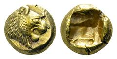 Lydia, Sardes. Hemihekte Alyattes – Kroisos, circa 620/10-550/39 BC. EL 7mm., 1,17g. Head of roaring lion right, sun with no rays on forehead / Incuse square. Weidauer Group XVI, 90; Traité I 47; SNG 