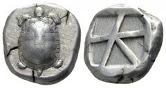 Islands off Attica. Aegina circa 456-431 BC. Stater AR 19mm., 12,34g. Land tortoise with segmented shell / Large square incuse with skew pattern. good very fine Meadows, Aegina, Group IIIb; Milbank pl