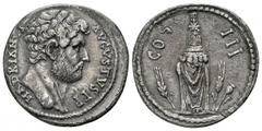 Lydia. Sardis. Hadrian AD 117-138. cistophorus 27mm., 9,98g. HADRIANVS AVGVSTVS PP, Bare head right / COS III, Cult statue of Kore standing facing; stalk of grain to left, stalk of grain and poppy to 
