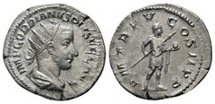Gordian III. AD 238-244. Rome Antoninianus AR 17mm., 2,88g. IMP GORDIANVS PIVS FEL AVG, radiate, draped & cuirassed bust right / P M TR P V COS II P P, Gordian standing right with globe & spear. good 