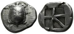 Islands off Attica. Aegina circa 456-431 BC. Stater AR 21mm., 12,27g. Land tortoise with segmented shell / Large square incuse with skew pattern. very fine, countermark Meadows, Aegina, Group IIIb; HG