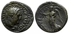 Lydia. Sardes. Nero AD 54-68. Bronze Æ 14mm., 2,67g. EΠI TI MNACEOY CAPΔIANΩN. Head of Herakles right. / CEBACTH. Nike standing left, holding wreath and palm branch. nearly very fine RPC 3010.