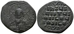 Anonymous temp. Basil II & Constantine VIII AD 1020-1028. Byzantine Follis Æ 33mm., 12,39g. Constantinople mint. Facing bust of Christ Pantokrator / + IҺSЧS/ XRISTЧS/ ЬASILЄЧ/ ЬASILЄ in four lines; or