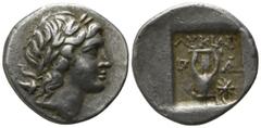 Lycia. Patara. Lycian League 167-100 BC. Drachm AR 16mm., 2,86g. Laureate head of Apollo right / Î›Î¥ÎšÎ™Î©Î Î -Î‘, kithara, star to right, all within incuse square. very fine Troxell 20