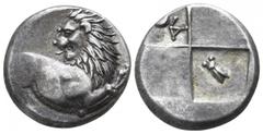 The Thracian Chersonese. Chersonesos 386-338 BC. Hemidrachm AR 10mm., 2,33g. Forepart of a lion to right, his head turned back to left / Quadripartite incuse square with two raised and two sunken squa