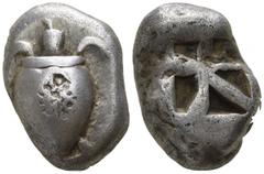 Islands off Attica. Aegina 600-550 BC. Stater AR 20mm., 11,42g. Sea-turtle (chelone caouana) with plain shell, countermark on shell / Incuse square of ‘mill-sail’ pattern, irregular in shape. nearly v