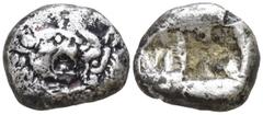 Lydia. Sardeis. Kroisos 564-539 BC. Siglos AR 12mm., 4,15g. Confronted foreparts of a lion, on the left, and a bull, on the right / Two incuse squares of unequal size. nearly very fine Dewing 2428; SN