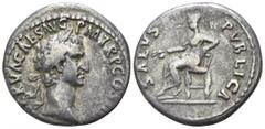 Nerva AD 96-98. Rome Denar AR 16mm., 3,03g. IMP NERVA CAES AVG P M TR P COS III P P; Laureate head of Nerva right / SALVS PUBLICA; Salus seated left holding ears of corn. very fine RIC 9; C 132.