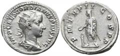 Gordian III. AD 238-244. Rome Antoninian AR 22mm., 5,05g. IMP CAES GORDIANVS PIVS AVG; radiate, draped and cuirassed bust right / PM TR P II COS PP, Gordian standing left, sacrificing over altar from 