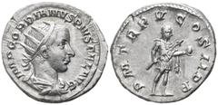 Gordian III. AD 238-244. Rome Antoninian AR 22mm., 4,29g. IMP GORDIANVS PIVS FEL AVG; radiate, draped bust right, around / PM TRP V COS II PP; Gordian standing right holding spear and globe. good very