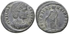Helena, mother of Constantine AD 328-329. Heraklea Follis Æ 18mm., 2,54g. FL HELENA AVGVSTA Diademed and draped bust r. Rev. SECVRITAS – REPVBLICAE Helena standing l., holding branch; in exergue, SM(H