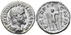 Maximinus Thrax AD 235-238. Rome Denar AR 19mm., 2,99g. MAXIMINVS PIVS AVG GERM, laureate bust right, draped & cuirassed / PM TR P II COS P P, Maximinus standing left between two standards, holding sc