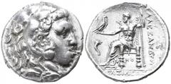 Kings of Macedon. Corinth. Demetrios I Poliorketes 306-283 BC. Tetradrachm AR 28mm., 16,77g. Head of Herakles right, wearing lion skin / ΒΑΣΙΛΕΩΣ ΑΛΕΞΑΝΔΡΟΥ, Zeus Aetophoros seated left on throne deco