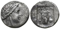 Lycia. Olympos. Lycian League 167-81 BC. Drachm AR 15mm., 2,36g. Laureate head of Apollo right / ΟΛYMΠΗ, kithara, torch to lower left, sword and shield to lower right, all within incuse square. very f