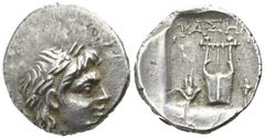 Lycia. Phaselis. Lycian League 167-81 BC. Drachm AR 16mm., 2,30g. laureate head of Apollo right / ΦΑΣΗ, Kithara between headdress of Isis and torch. good very fine SNG Copenhagen 125.