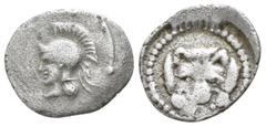 Lycia. Tlos. Uncertain Dynast circa 400 BC. Hemiobol AR 10mm., 0,33g. Helmeted head of Athena facing to left / Lion’s scalp facing, within a dotted circular border within an incuse circle. nearly very