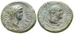 Lydia. Sardeis . Nero AD 54-68. Bronze Æ 17mm., 2,59g. ΝΕΡΩΝ ΚΑΙCAP, laureate head of Nero right / EΠI TI [MNAC]EOY CAΡΔIANΩN , laureate head of beardless Herakles right, wearing lion’s skin tied at n