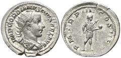 Gordian III. AD 238-244. Rome Antoninian AR 23mm., 4,60g. IMP GORDIANVS PIVS FEL AVG, radiate, draped and cuirassed bust of Gordian III to right / P M TR P V COS II P P Gordian III, in military dress,