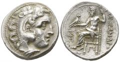Kings of Macedon. Kolophon. Alexander III "the Great" 336-323 BC. Drachm AR 18mm., 4,15g. Head of Herakles to right, wearing lion skin headdress / [Α]ΛΕΞΑΝΔΡ[ΟΥ]; Zeus seated left on low throne, holdi