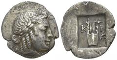 Lycia. Kragos. Lycian League circa 48-23 BC. Hemidrachm AR 16mm., 1,52g. Λ-Υ; laureate head of Apollo right, wearing taenia / K-P; kithara, filleted branch in right field, all within incuse square. go