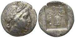 Lycia. Kragos. Lycian League circa 30 BC. Hemidrachm AR 16mm., 1,43g. Λ-Υ; laureate head of Apollo right / K-P; kithara, in left field eagle or raven on omphalos; all within incuse square. very fine T