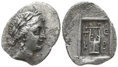 Lycia. Telmessos-Kragos. Lycian League circa 27-23 BC. Hemidrachm AR 16mm., 1,46g. Laureate head of Apollo right / T-E and K-P to left and right of lyre, within incuse square. good very fine Troxell -