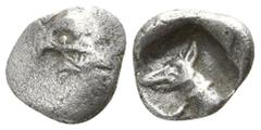 Lycia. Uncertain mint circa 450-400 BC. Hemiobol AR 7mm., 0,31g. Forepart of boar right / Head and neck of leashed dog left, within incuse square. very fine SNG Keckman II 349-351 var. (boar left and 