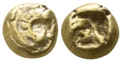 Greek Kings of Lydia. Sardeis. Alyattes circa 610-560 BC. Hemihekte EL 7mm., 1,18g. Head of roaring lion right / Incuse square punch. nearly very fine Weidauer 90 var.; Rosen 654 var.; SNG Kayhan 1015